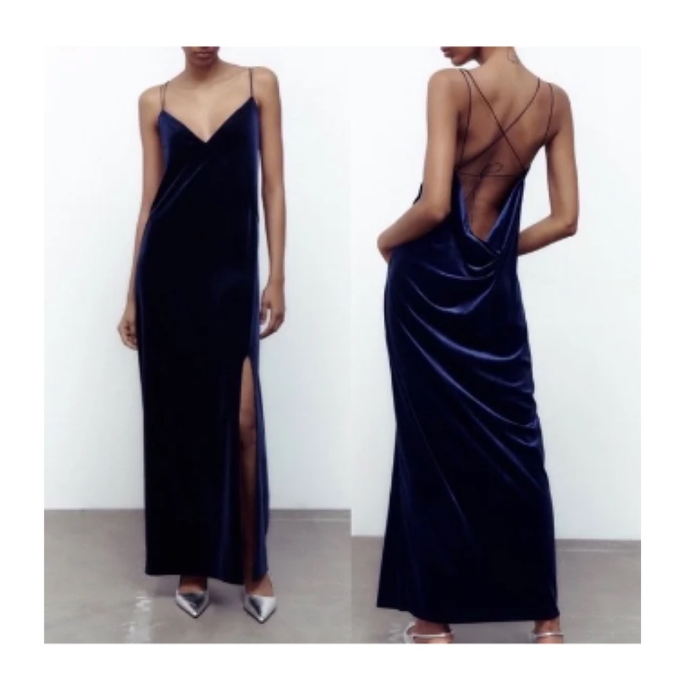 ZARA Backless Navy Blue Velvet Open Leg Dress